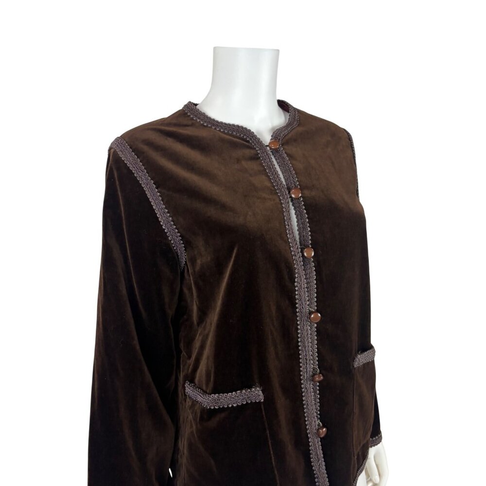 Vintage 70s Velvet Blazer Womens Large Brown Braided Trim Button Down Suit Jacke - Picture 5 of 12